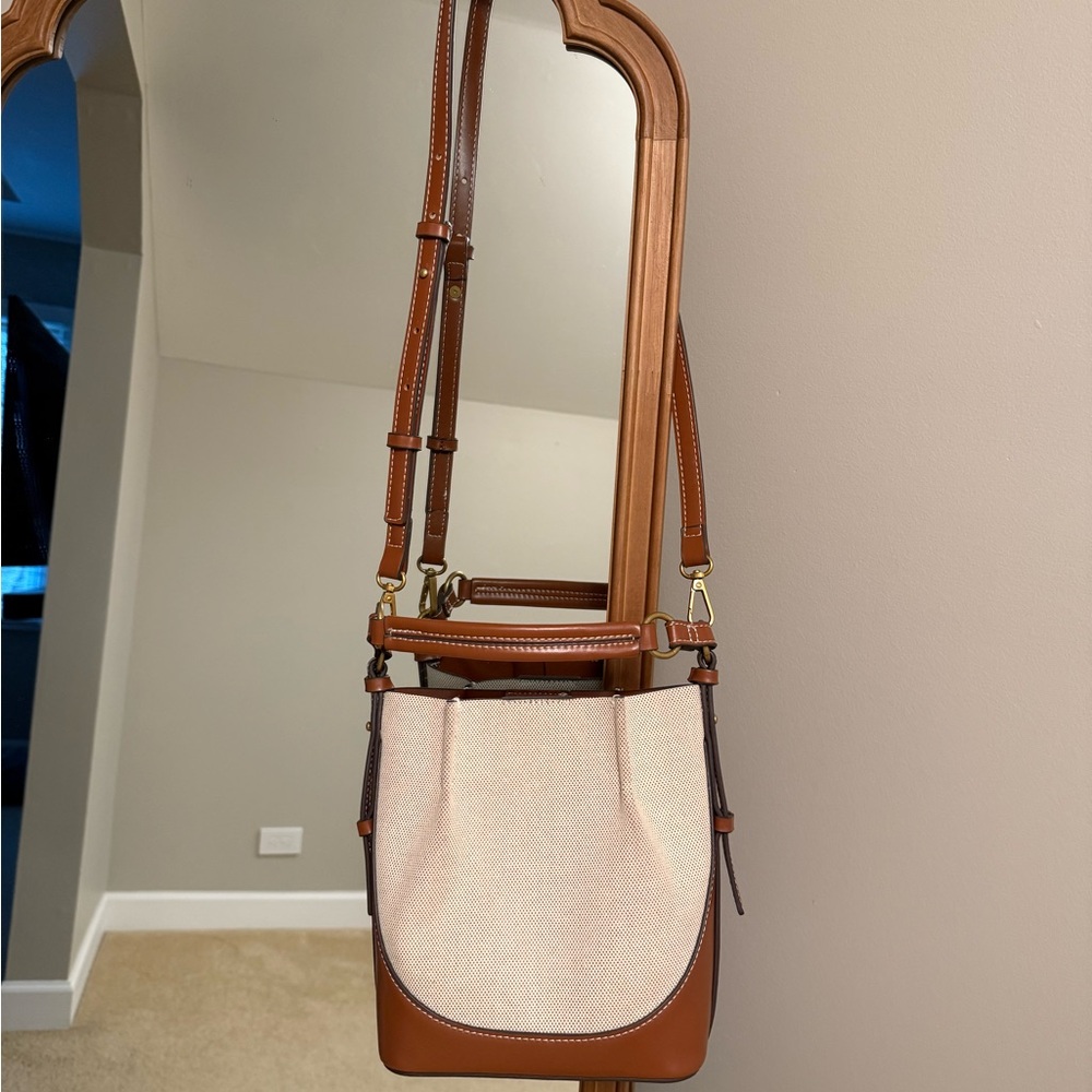 Zara Two-Tone Canvas and Leather Crossbody in Cream and Brown